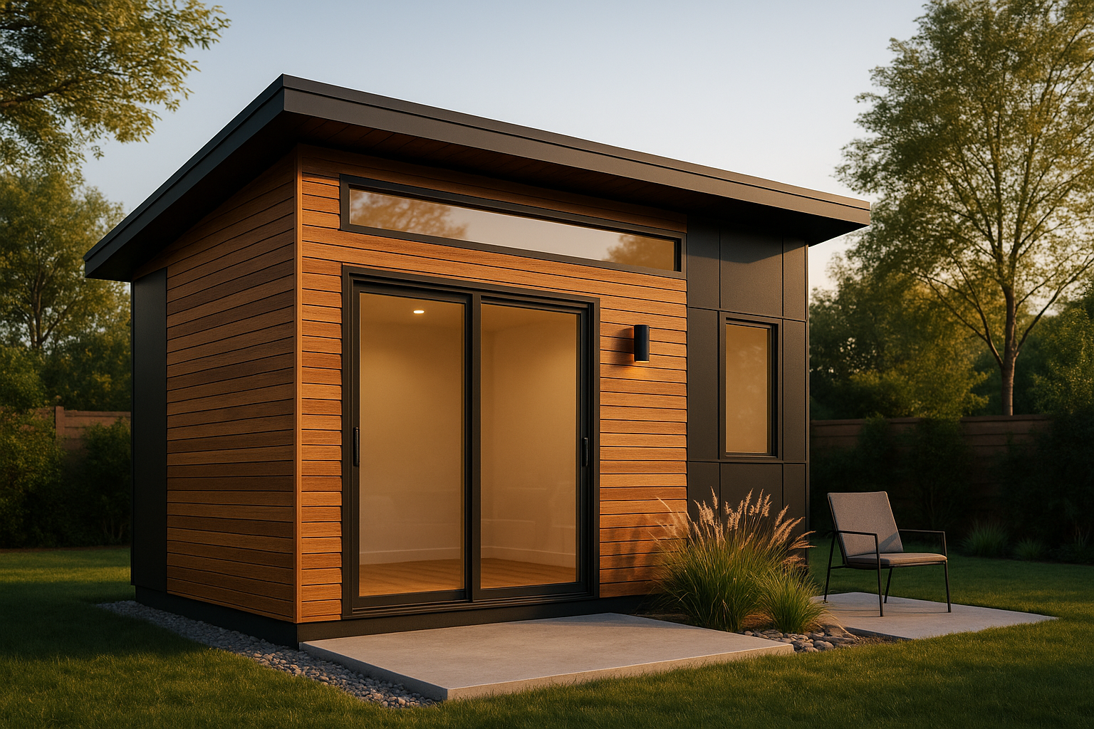 Apex Pod – lean-to studio with shiplap and vertical windows (ADU alternative)