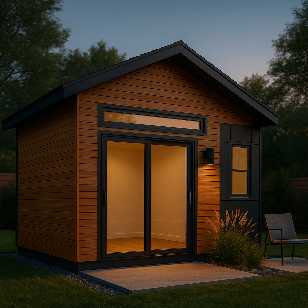 Core Pod 3/4 perspective showing gable roof and black trim