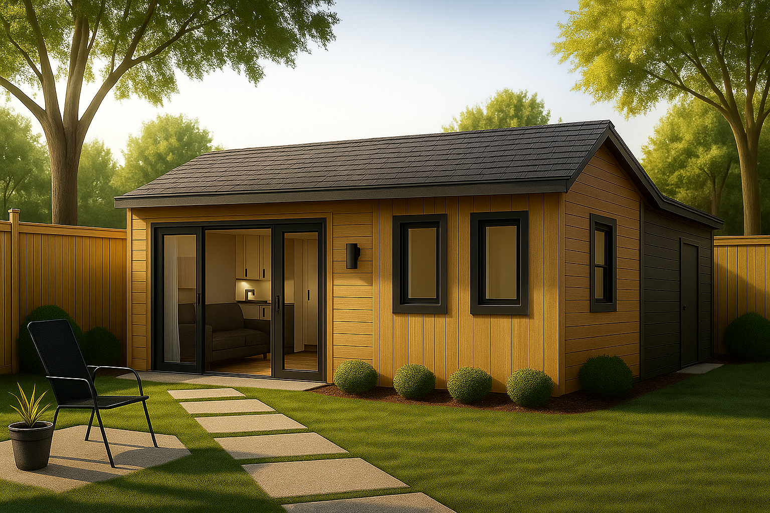 Nova Studio 3/4 view showing black trim and signature transom window
