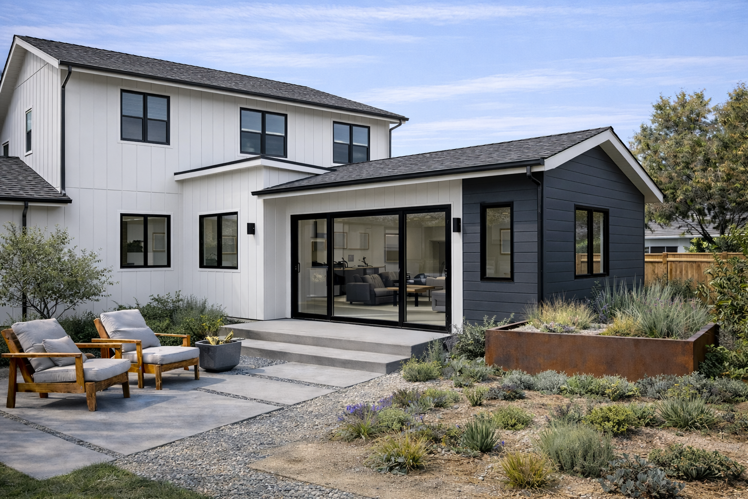 Attached ADU exterior addition in a Bay Area neighborhood with black aluminum windows, modern siding, and buildable detailing