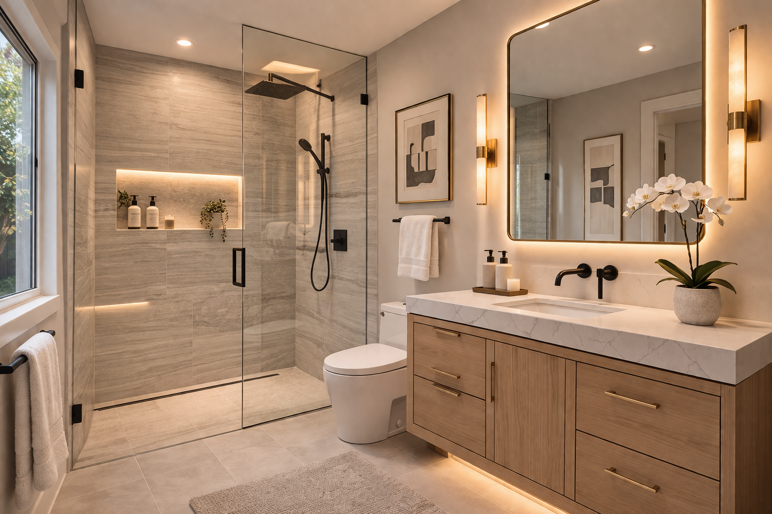 Guest bathroom renovation in the Bay Area with upgraded vanity, elegant tile, improved lighting, and walk-in shower