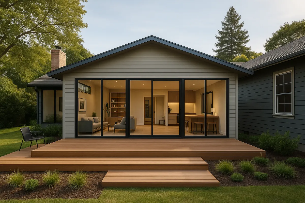 Bay Area home addition with warm exterior materials and landscaped approach