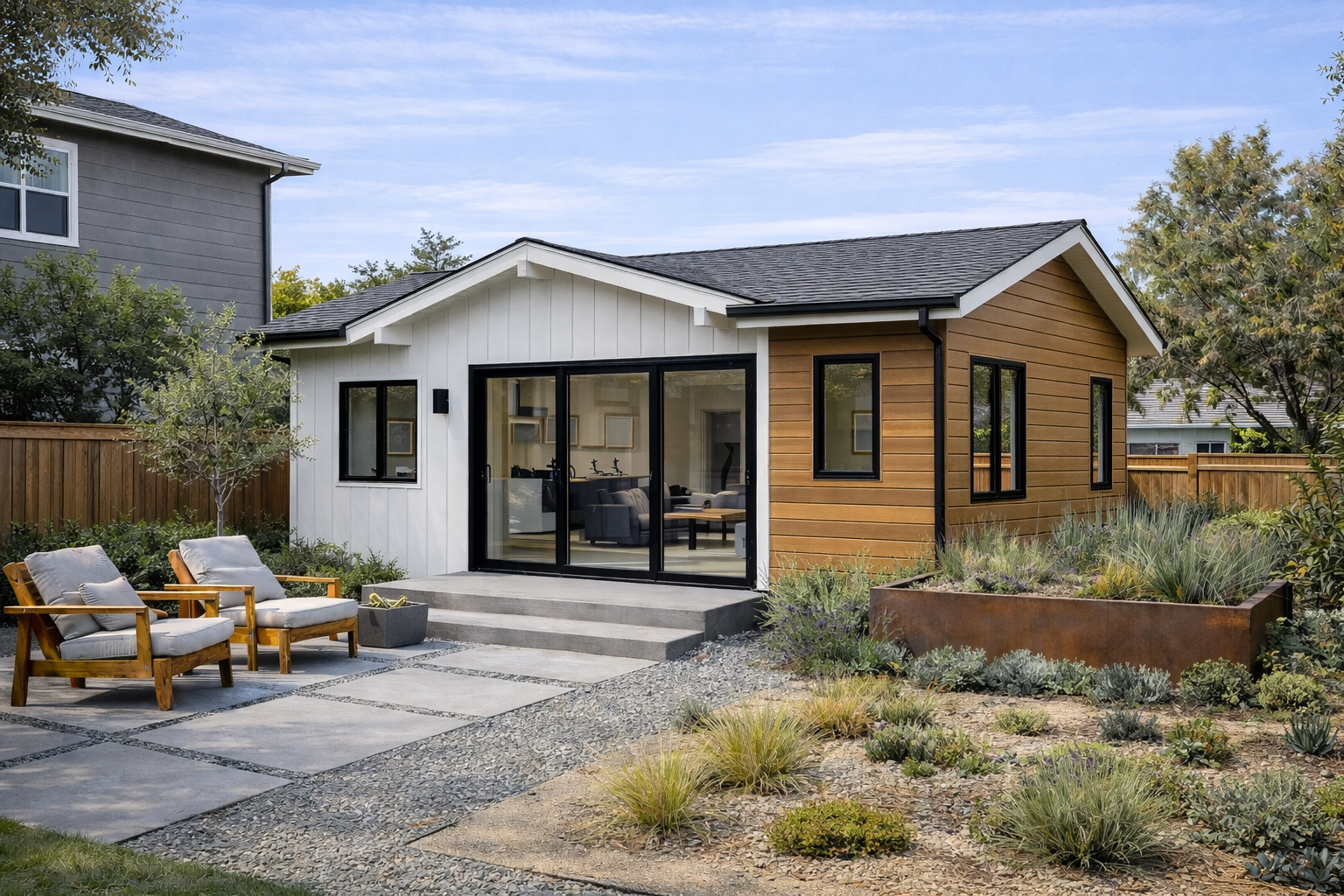 Garage conversion ADU exterior in the San Francisco Bay Area with modern finishes, black framed windows, and clean pathway landscaping