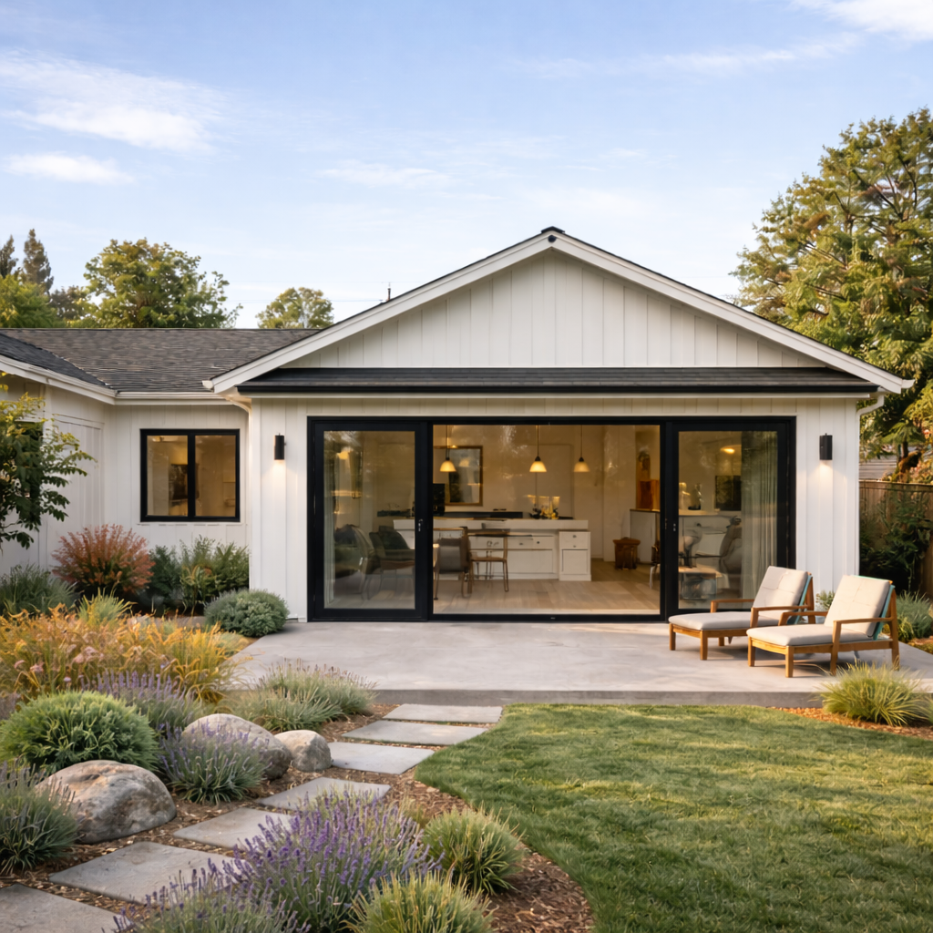 Rear kitchen and living expansion with large sliding glass door opening to the backyard in a Bay Area neighborhood