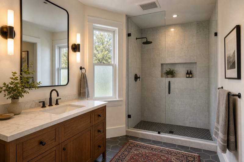 Berkeley bathroom remodel with functional glass shower, tactile tile, warm vanity, and realistic older-home proportions