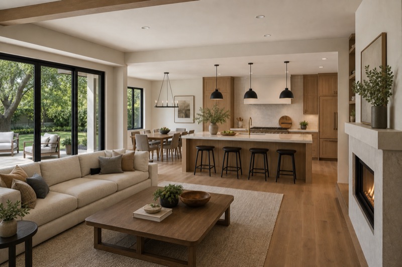 Danville full home remodel with open kitchen, living room, fireplace, glass doors, and warm wood finishes