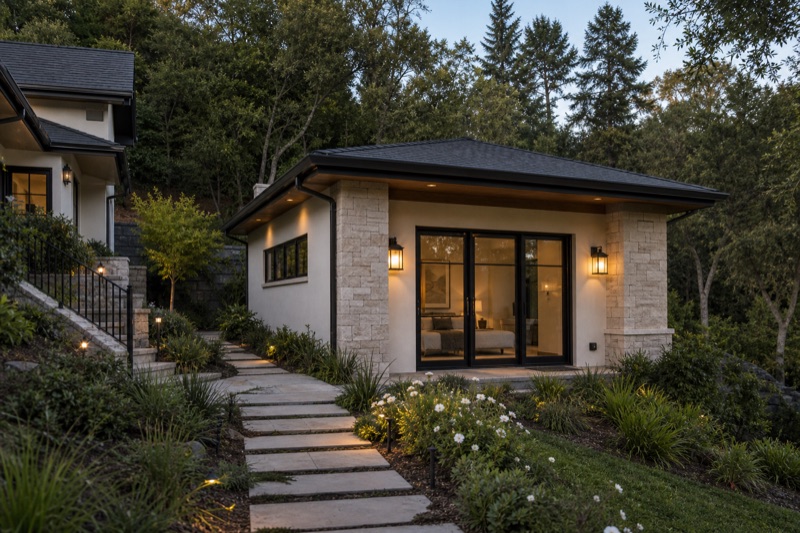 Completed Hillsborough detached ADU with slope-aware landscaping, private path, refined windows, and premium exterior materials