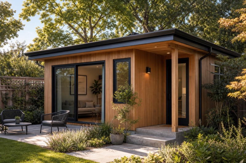 Realistic Lafayette guest house ADU with warm siding, private path, refined windows, and mature landscaping