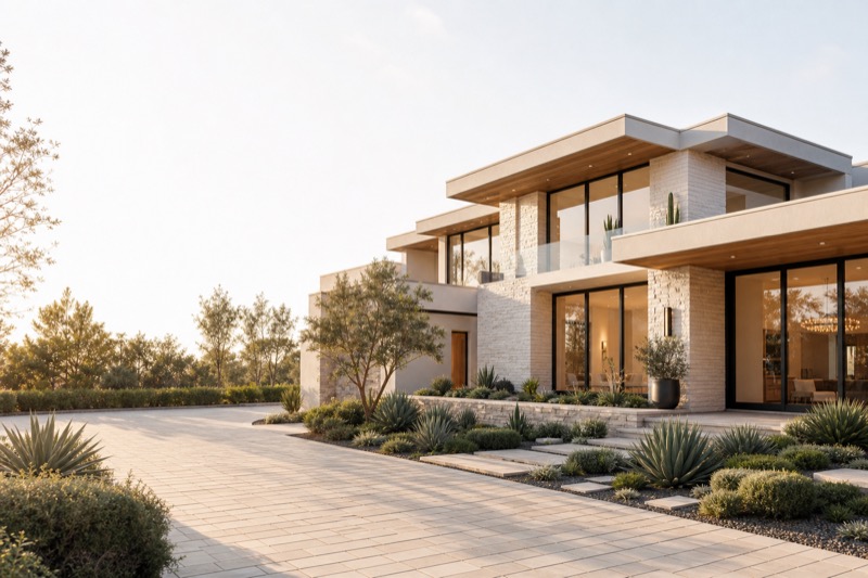 Refined Los Altos custom home exterior with stone, glass, warm materials, and mature landscaping