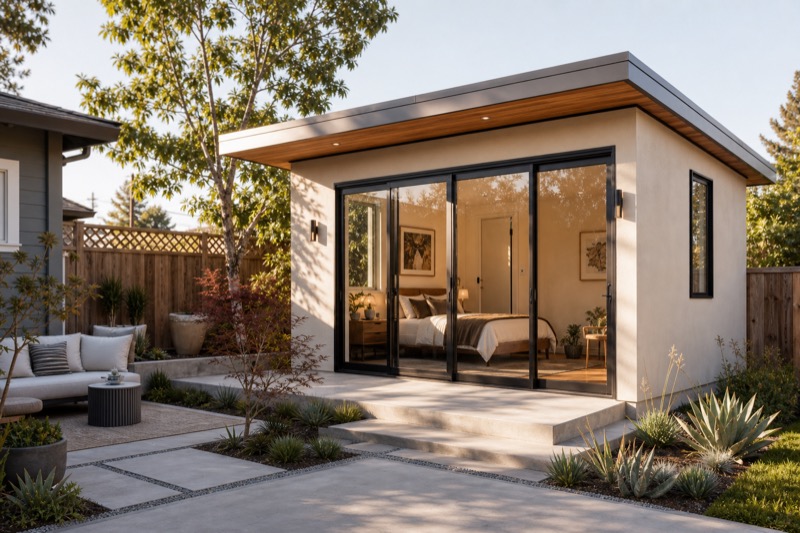 Menlo Park detached ADU with glass doors, patio, privacy landscaping, and refined modern exterior