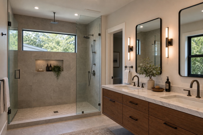 Realistic Menlo Park bathroom remodel with high-end tile, functional glass shower, wood vanity, and warm lighting