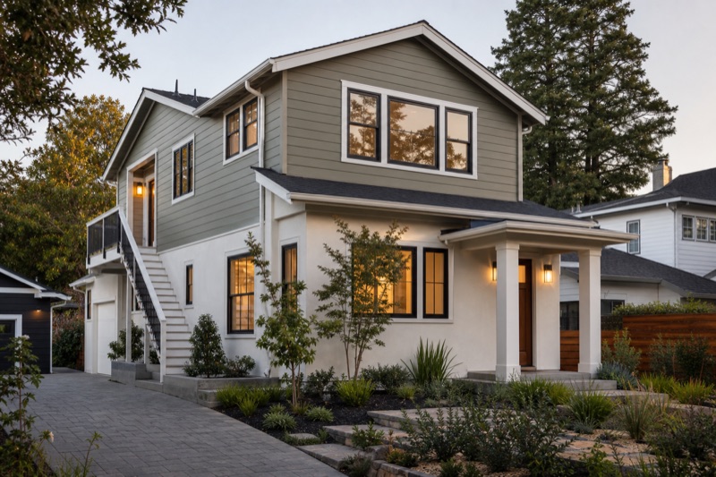 Realistic Oakland second story addition with matched exterior materials, new upper level, clean landscaping, and premium residential detailing