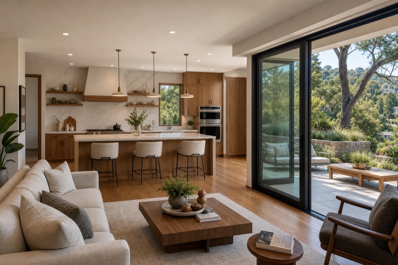 Realistic Orinda full home renovation interior with kitchen, living connection, wood floors, and refined finishes
