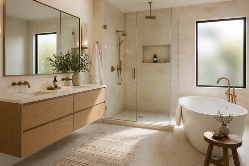 Refined Palo Alto primary bathroom remodel with tile shower, vanity, and warm lighting