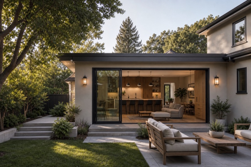 Completed Palo Alto rear home addition with large sliding doors, mature trees, patio connection, and integrated exterior detailing