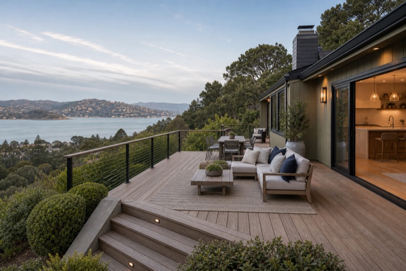 Realistic completed Tiburon deck with railings, outdoor seating, clean boards, and Bay Area hillside landscaping
