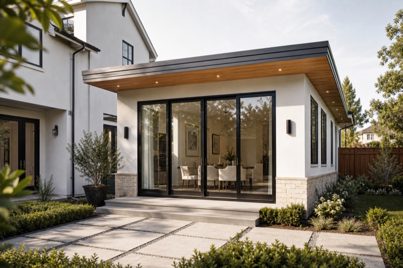 Walnut Creek rear home addition with large doors, patio connection, and integrated exterior detailing