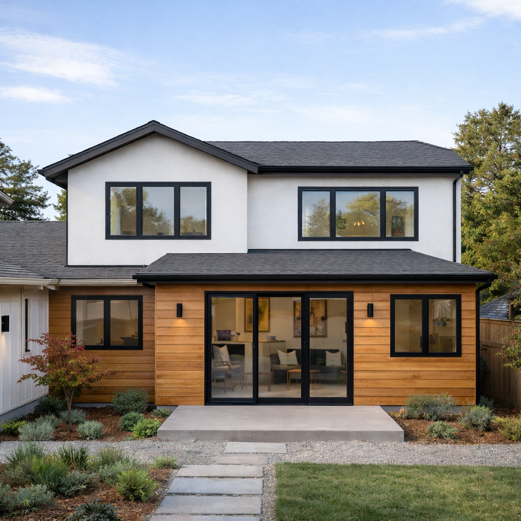 Second-story addition on a Bay Area residence with cohesive rooflines, black aluminum windows, and premium craftsmanship