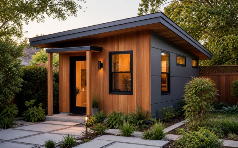 Realistic custom Bay Area ADU with warm wood siding, private entry, black windows, garden path, and refined landscaping
