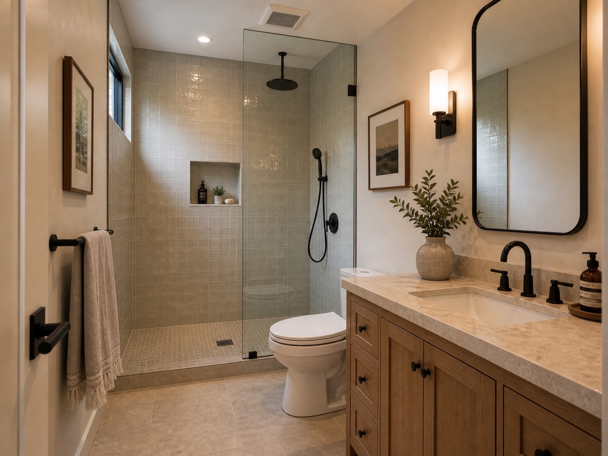 Guest bathroom walk-in shower remodel with premium tile for San Francisco homes
