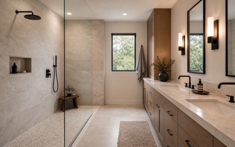 Realistic luxury Bay Area bathroom remodel with custom wood vanity, frameless glass shower, large-format tile, and warm lighting