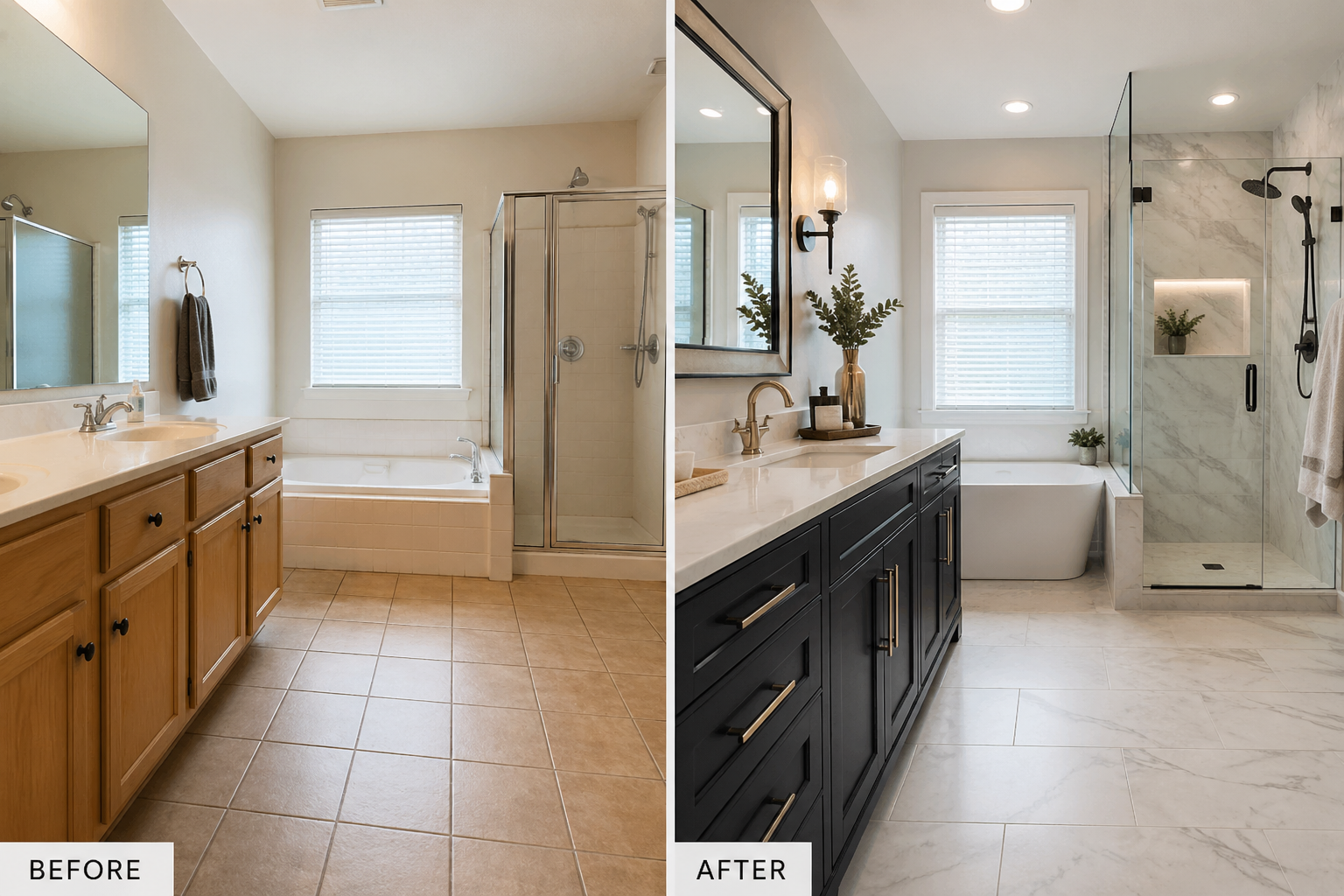 Bathroom remodeling planning and transformation example with premium finishes