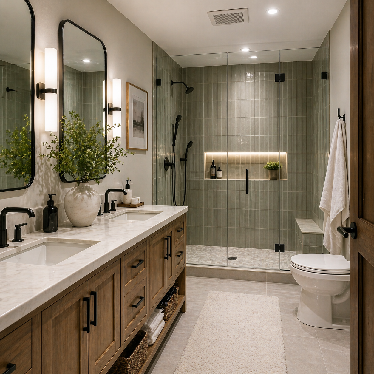 Modern bathroom remodel with custom shower, large-format tile, and premium fixtures