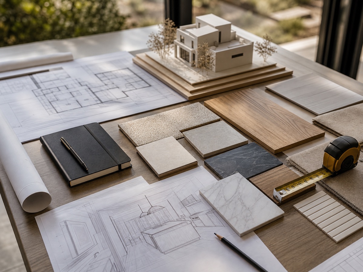 Custom home planning table with drawings and premium material samples