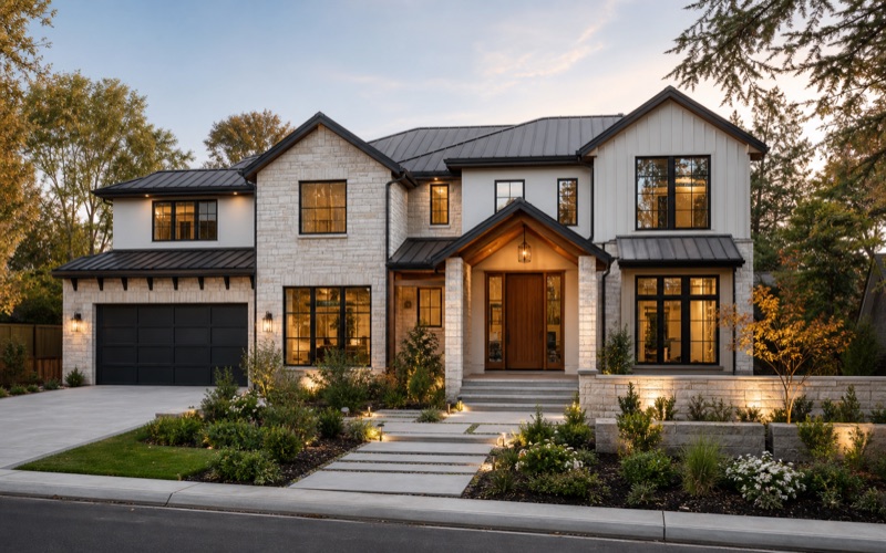 Realistic high-end Bay Area custom home exterior with refined stone, siding, windows, and landscaping