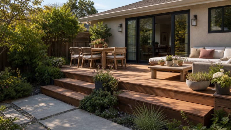 Realistic luxury Bay Area deck connected to a remodeled kitchen and living room with outdoor seating and landscaped privacy