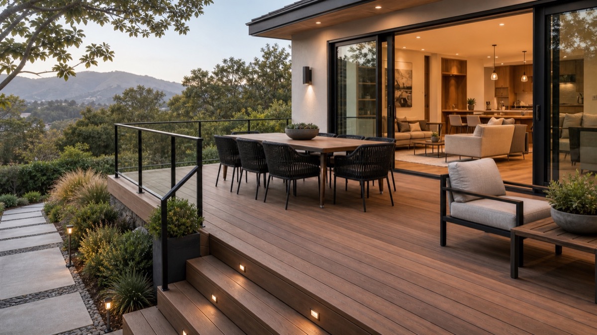 Completed deck replacement with warm decking, railings, lighting, and outdoor living connection for Danville