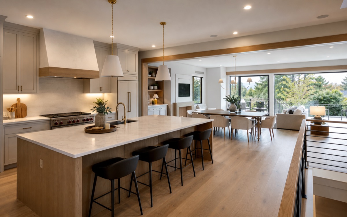 Refined residential interior with premium kitchen, warm flooring, and open living space