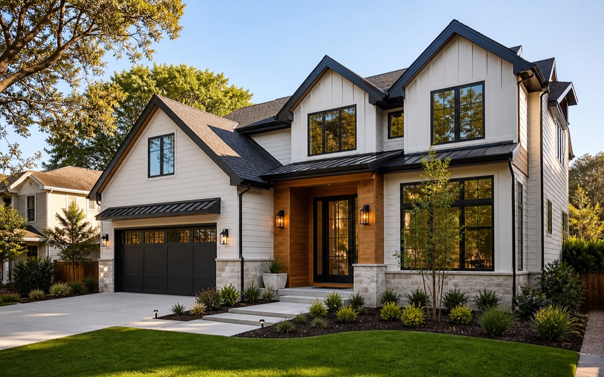 New custom Bay Area home with premium exterior materials and landscaped arrival