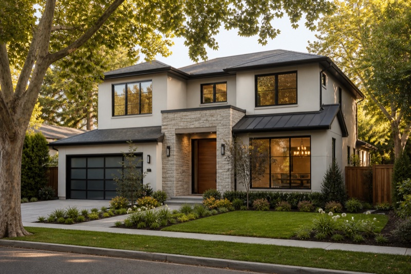 Palo Alto custom new home exterior with refined Bay Area residential detailing