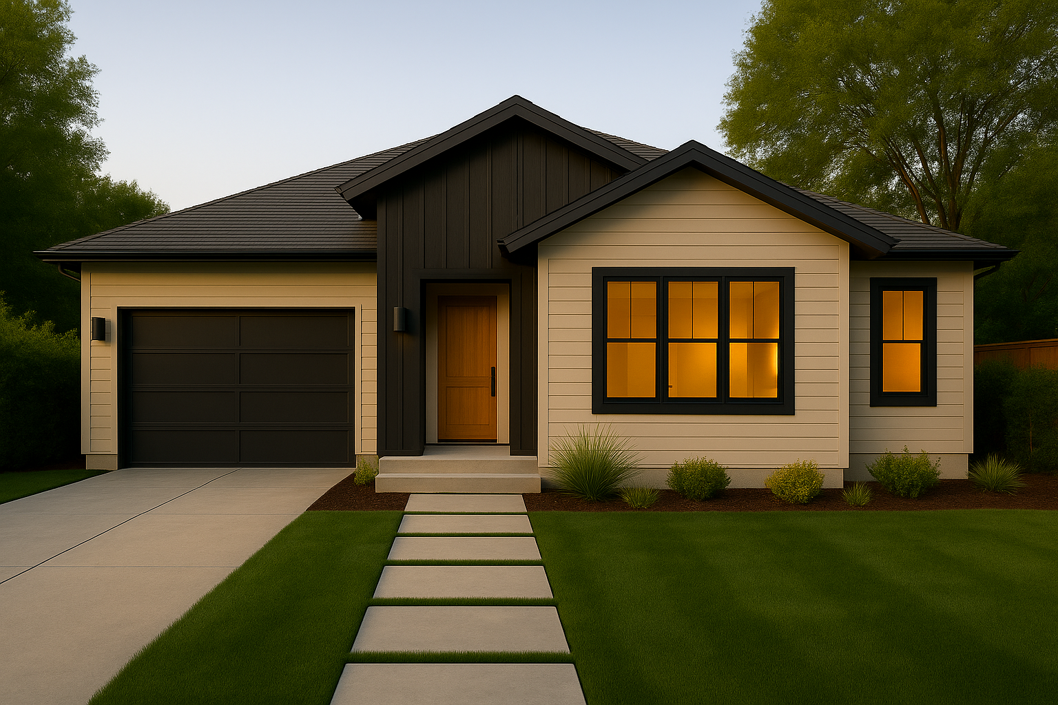 New custom home with stone accents and warm lighting in Menlo Park