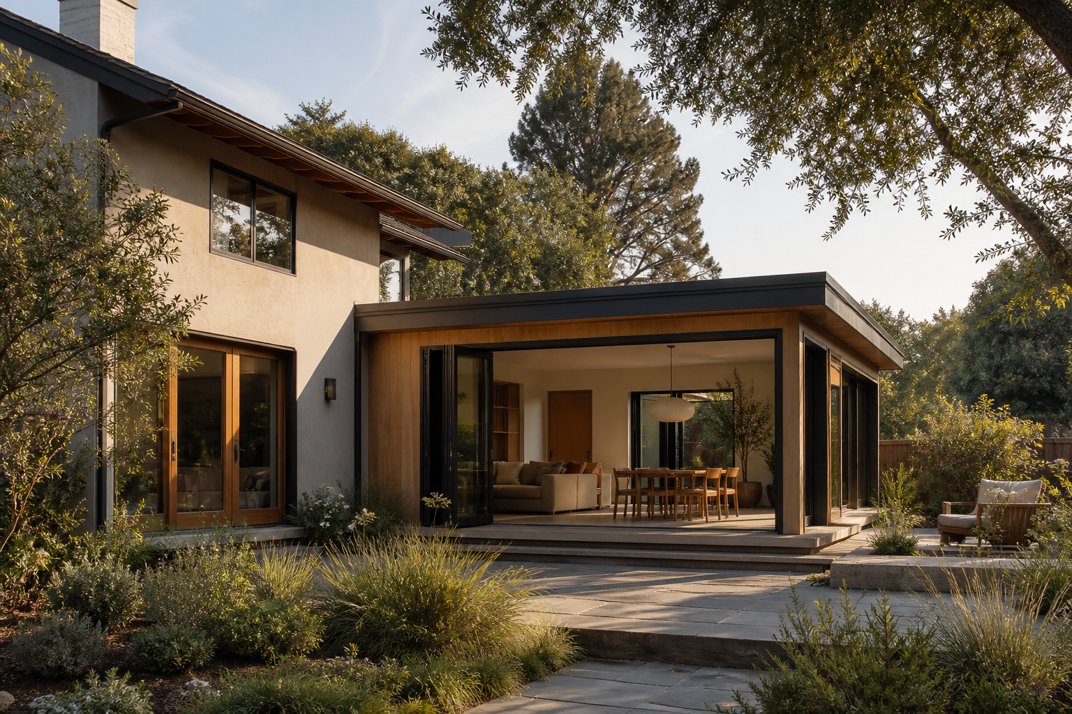 Design reference showing a light-filled home addition opening to a landscaped backyard