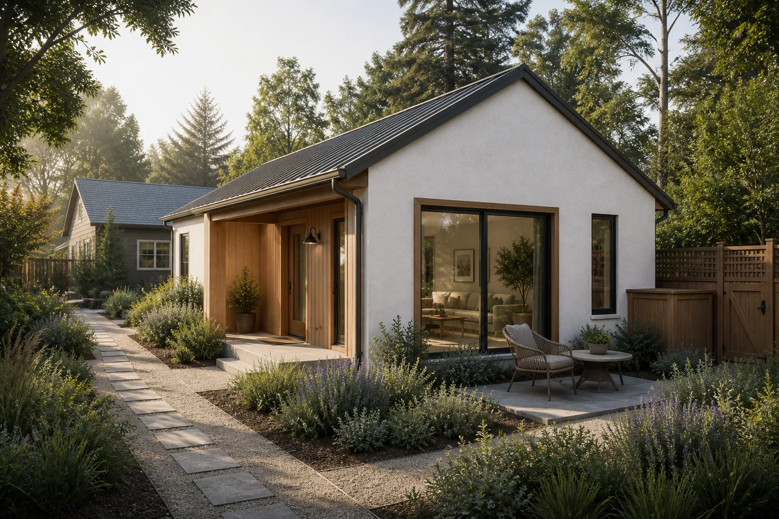 Illustrative compact detached ADU with warm wood cladding, dark panels, covered entry, and garden access