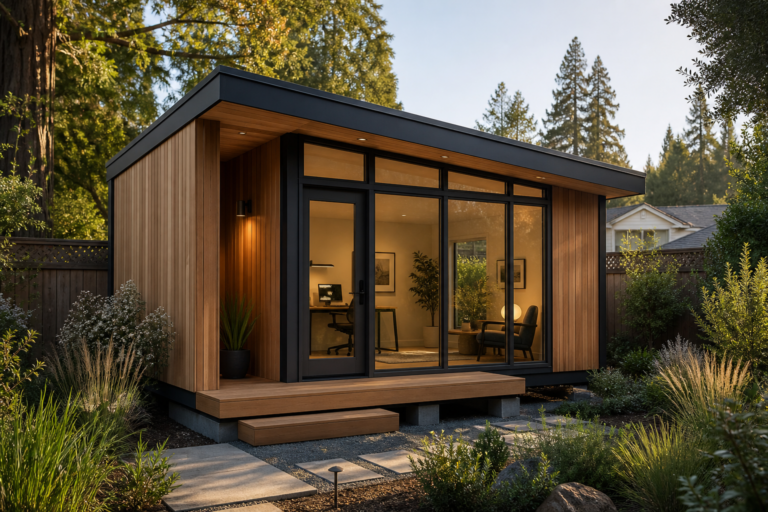 Concept visualization of a compact contemporary backyard pod with warm wood siding and dark metal roof