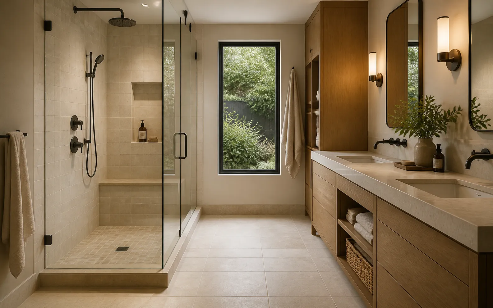Illustrative contemporary bathroom with open shower, stone surfaces, wood cabinetry, mirrors, and integrated lighting