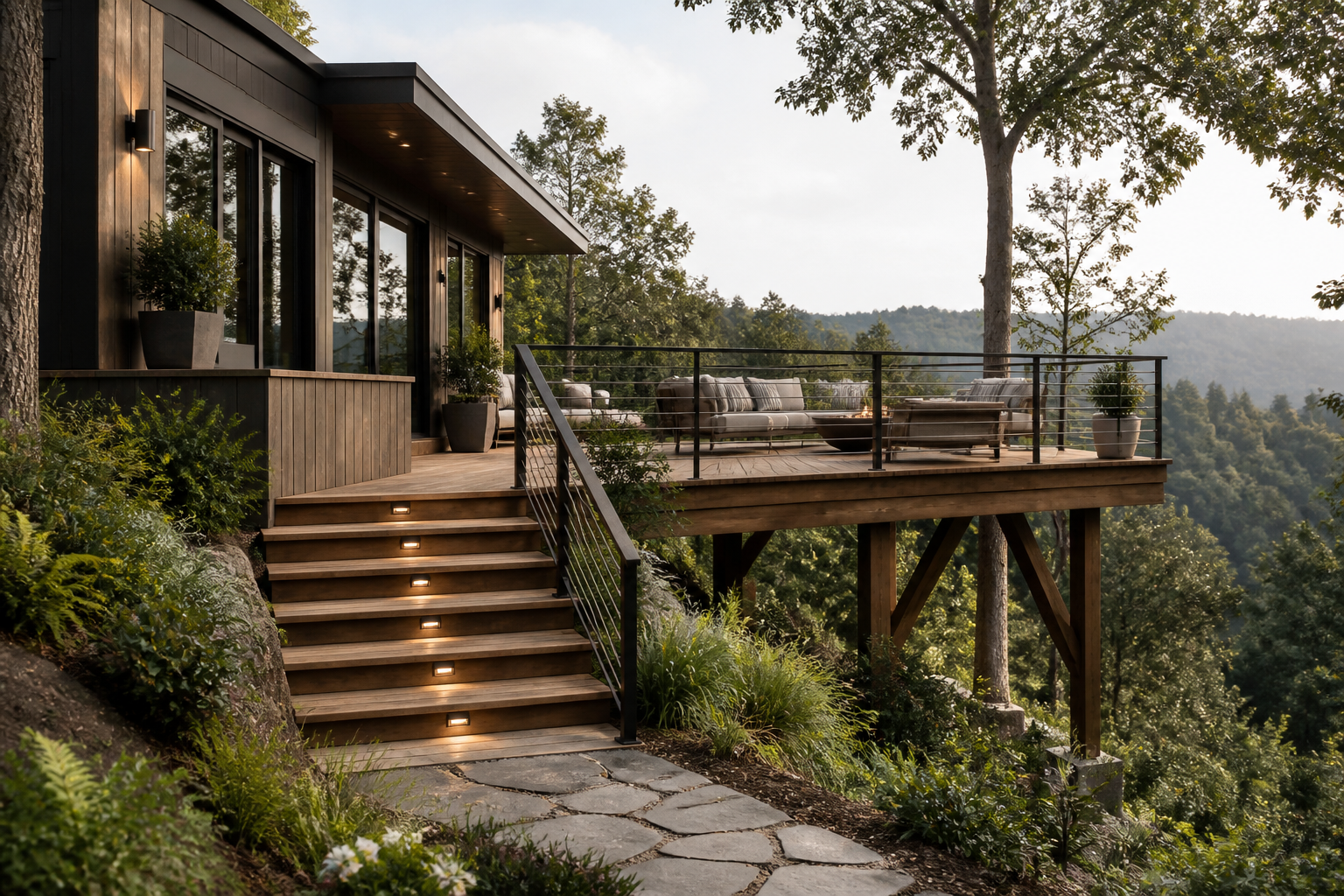 Design reference showing a hillside deck and outdoor living area surrounded by mature Bay Area landscaping