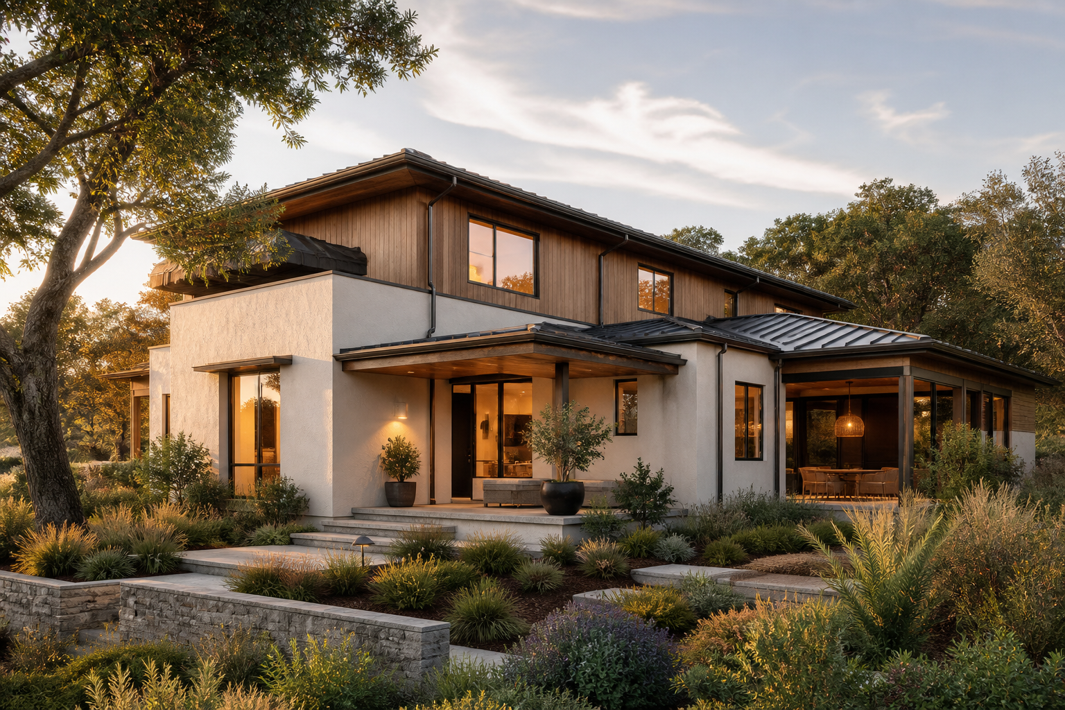 Illustrative contemporary Bay Area residence with warm wood, light stucco, dark windows, and landscaped hillside surroundings