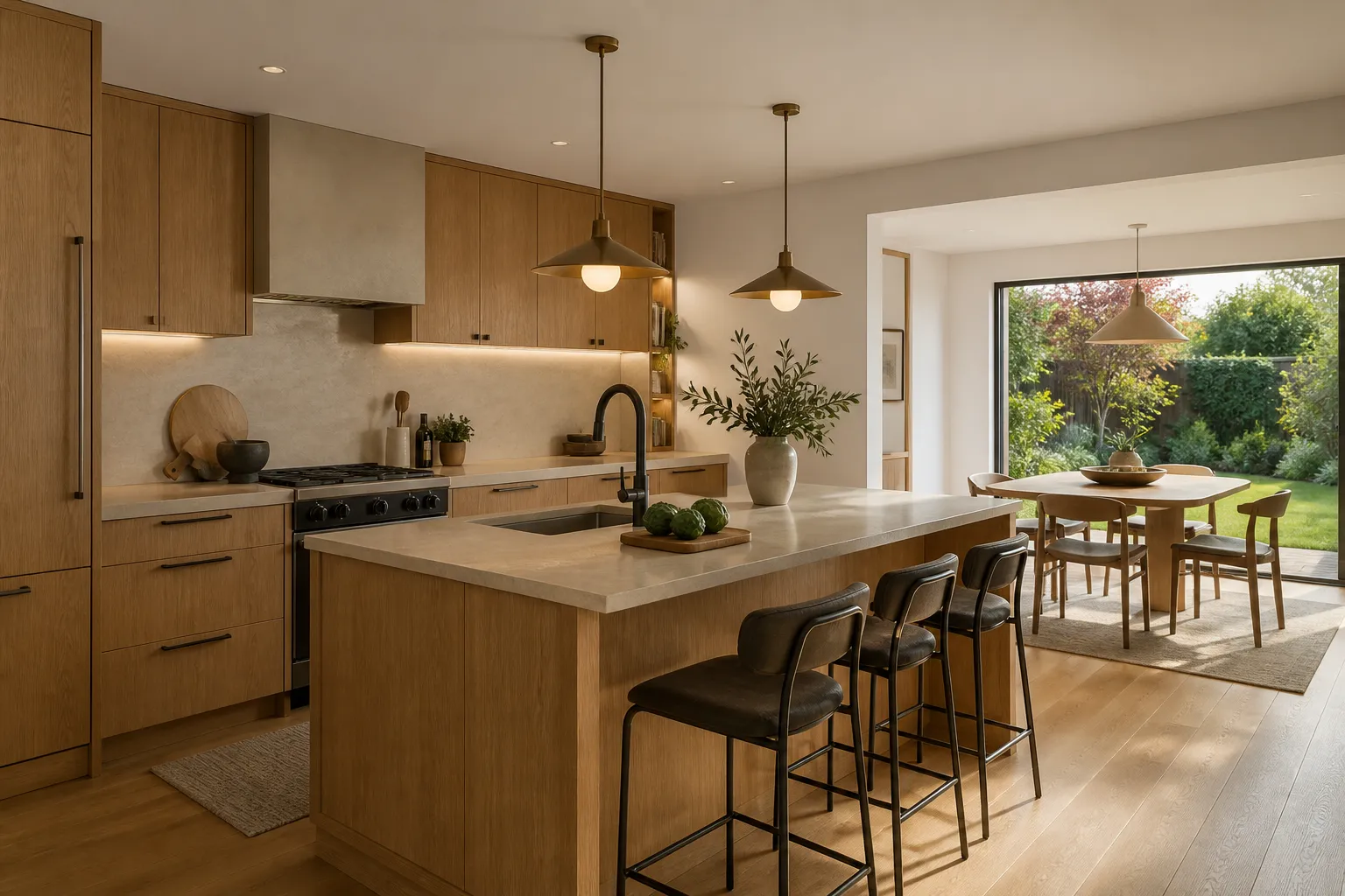 Illustrative warm contemporary kitchen connected to dining, living, and exterior views