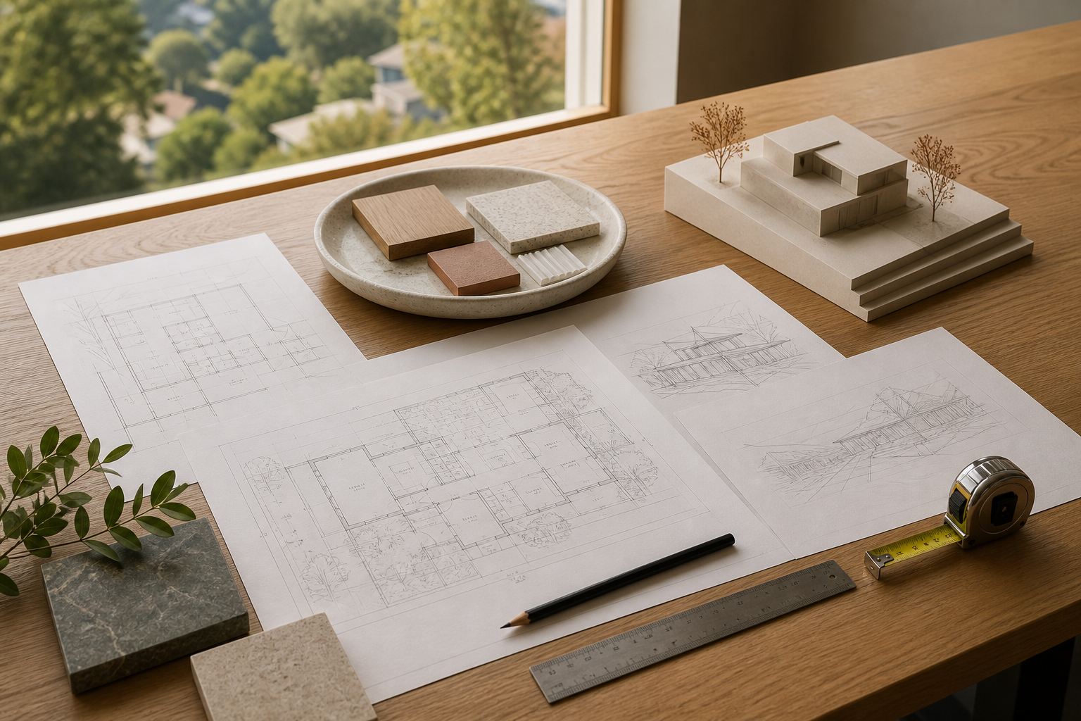 Planning scene with architectural drawings, material samples, a scale model, notebook, and measuring tools
