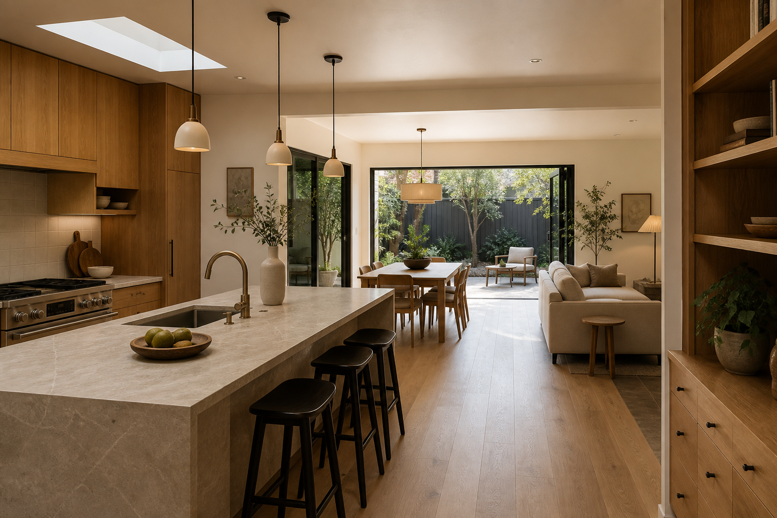Design reference showing a warm contemporary kitchen connected to dining and living areas